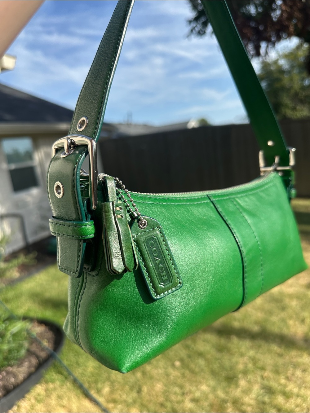 Vintage Coach Bottle Green Leather Demi Baguette Silver Hardware G055‑7461
